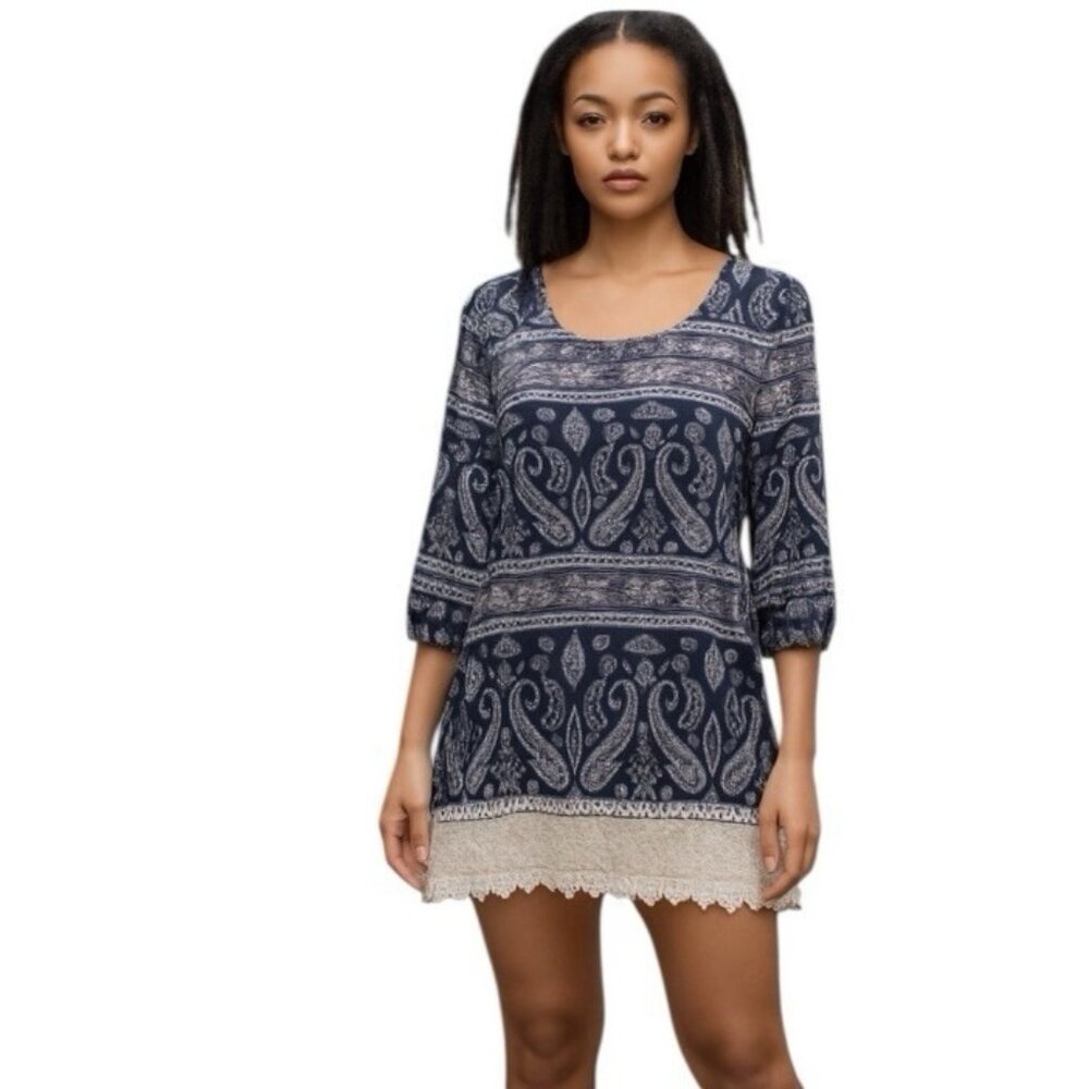 Rue21 Boho Dress Women Small Crochet Lace Trim Navy Blue Ivory Paisley Print NEW